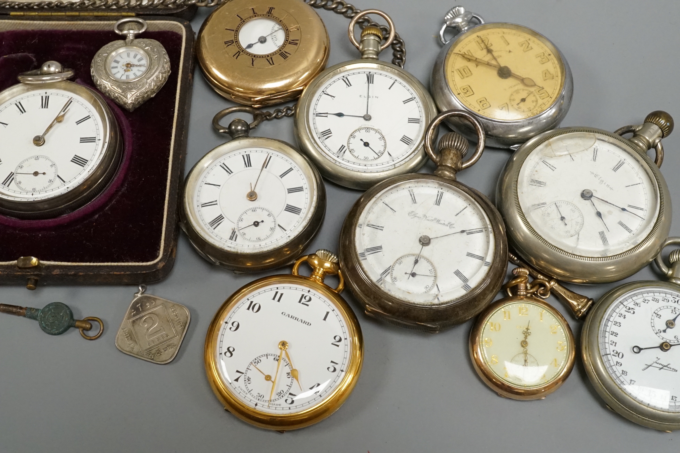 A collection of assorted wrist, fob and mainly pocket watches including Elgin and Garrard.